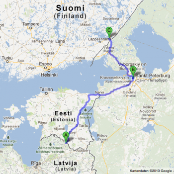 Route der ersten Reise zu Doppelstädten im Baltikum, Russland und Finnland